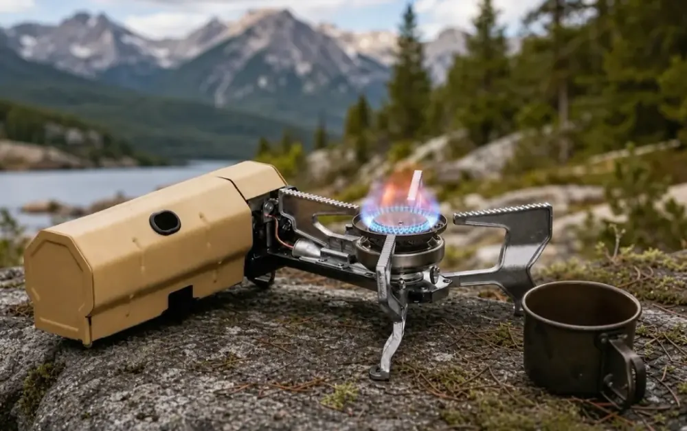 Qinux GoFlamex stove lit on a rock by a mountain lake